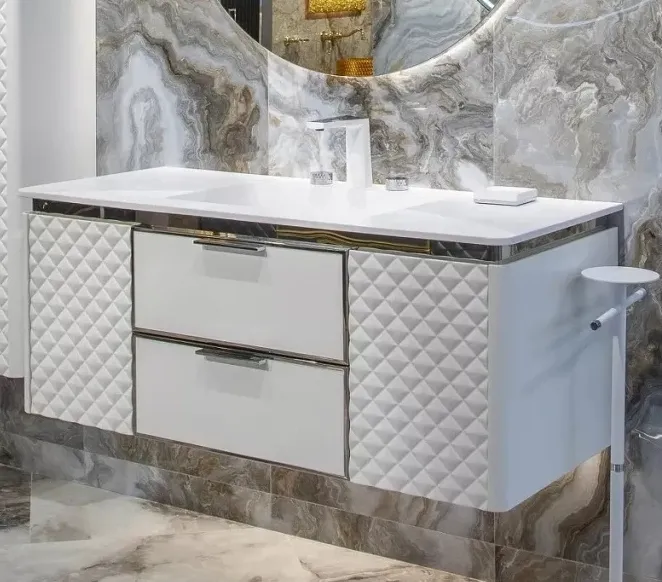 Раковина 121 см ArmadiArt Rombo Corian с тумбой, белый глянцевый